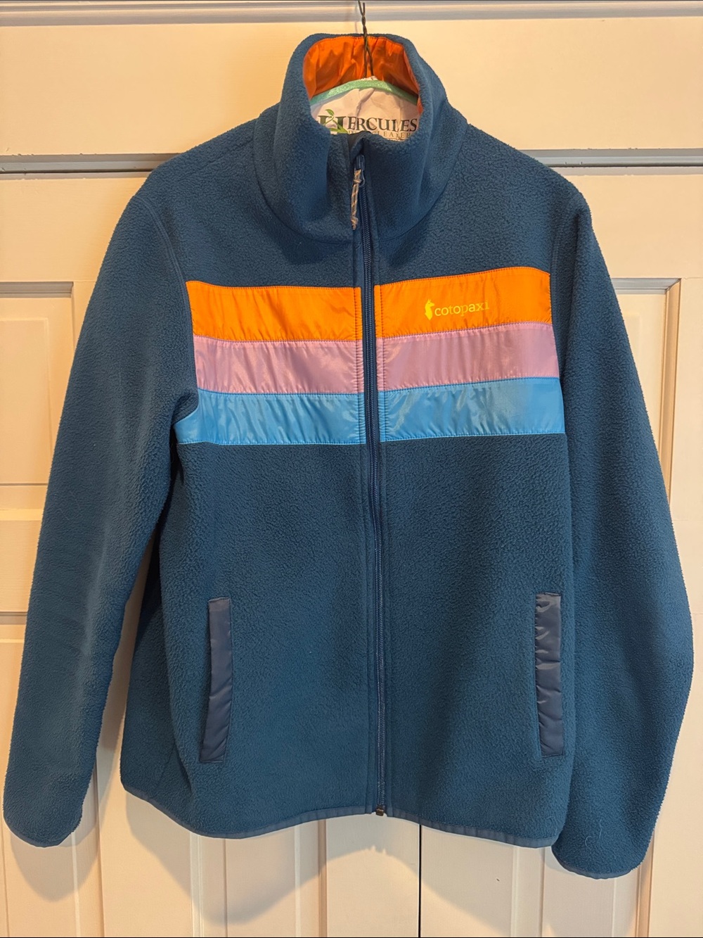cotopaxi Teal Fleece Jacket with Orange, Pink & Sky Blue Stripes, sz M (women’s)